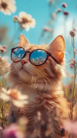 Orange Cat Wearing Sunglasses in Blooming Flower Field