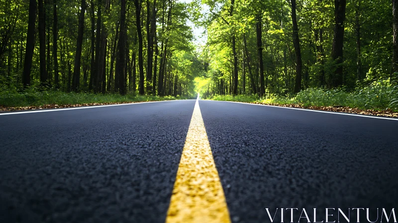 Straight asphalt road with yellow center line extending through dense forest.