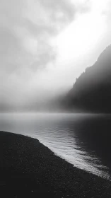 Monochrome lakeshore minimalism with mist-veiled mountains.