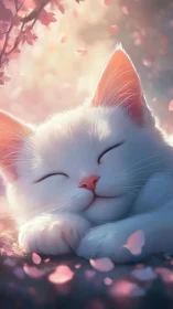 Peaceful white cat napping among cherry blossoms.