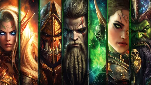 Fantasy hero and villain portraits in split cinematic panels.