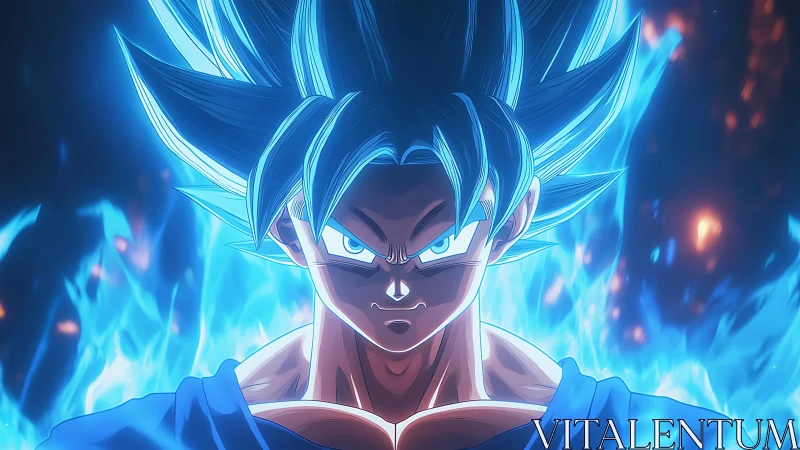 Blue haired anime warrior stands centered in glowing aura
