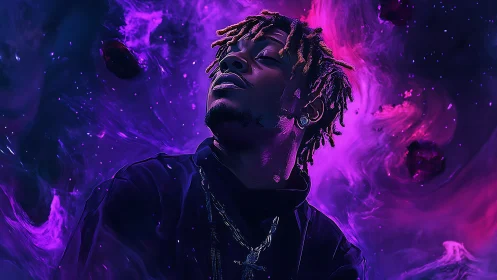 Celestial portrait of young man in neon violet cosmic nebula