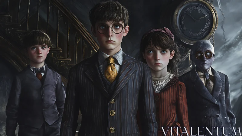 Victorian siblings before looming clock in eerie mansion.