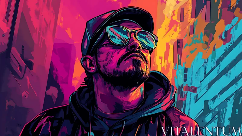 Urban dreamer lifts his gaze in bold neon city colors