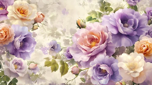 Garden Dreams: Purple and Peach Roses in Soft Light.