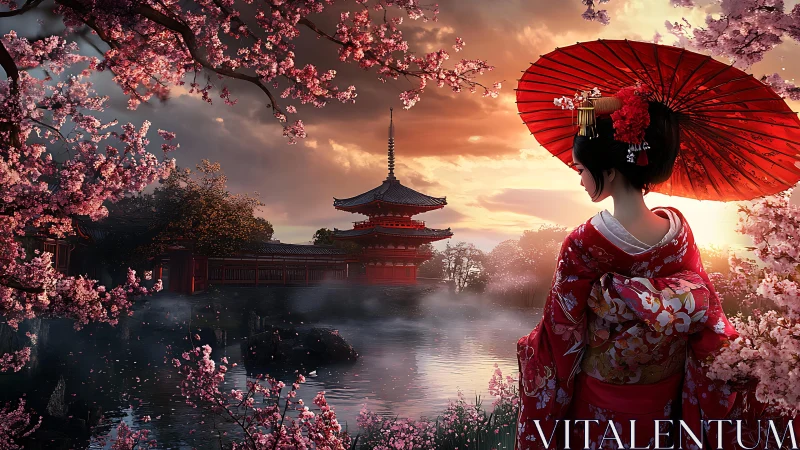 Geisha in crimson kimono beside misty pagoda at sunset.