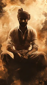Turbaned mystic sits in golden chiaroscuro haze.