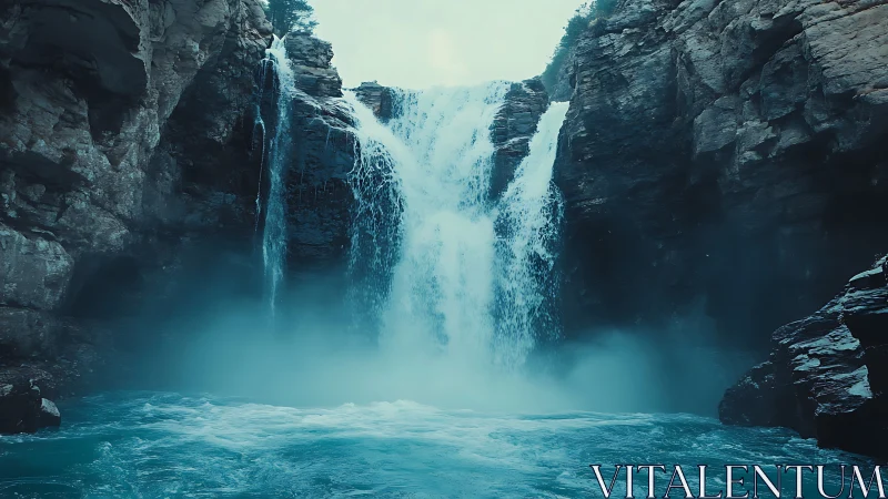Rocky gorge waterfall with mist and cool blue water.