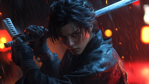 Rain-soaked swordsman steadies his blade under neon light