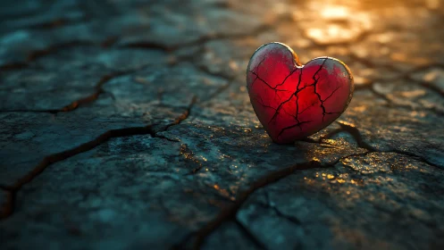 Red heart form resting on cracked dark surface with warm ambient light