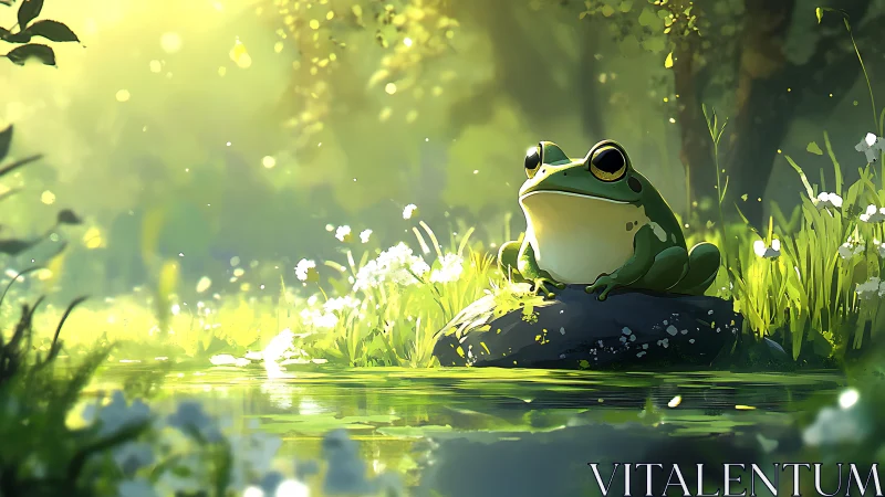 Sunlit pond frog poised on mossy rock amid soft bokeh glow.