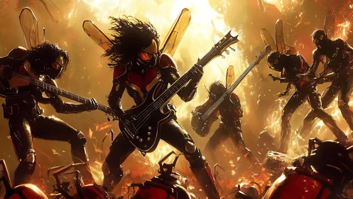 Insectoid rock band in molten amber light, dynamic staging.