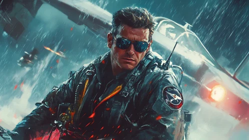 Combat pilot portrait under stormlit runway assault.