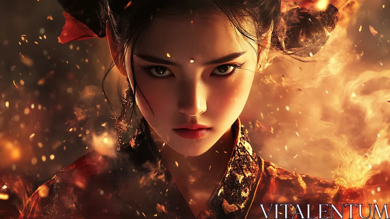 Fireborn empress stares through embers and rising flame.