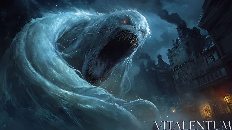 Colossal ghostly sea monster attacks dark city street.
