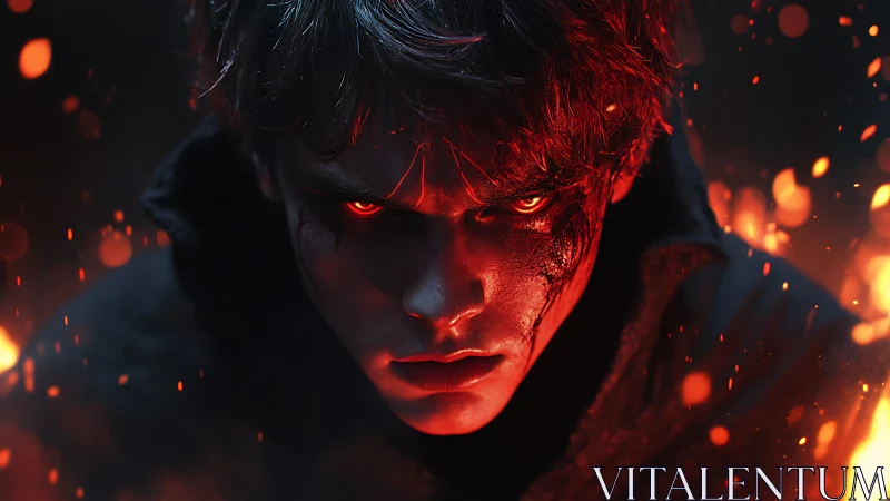 Fierce ember‑eyed rebel emerging from the heart of flame.