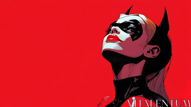 Masked woman in profile tilts head upward on red background