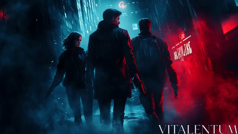 Three armed figures in neon lit urban alley during rainfall.