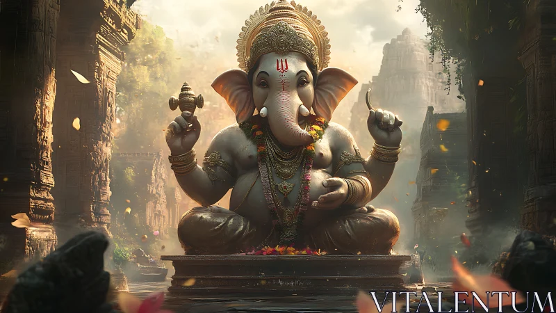 Lord Ganesha idol in misty temple ruin with warm backlight.