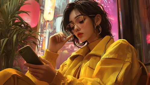 Neon city girl in yellow jacket reading on smartphone at night.