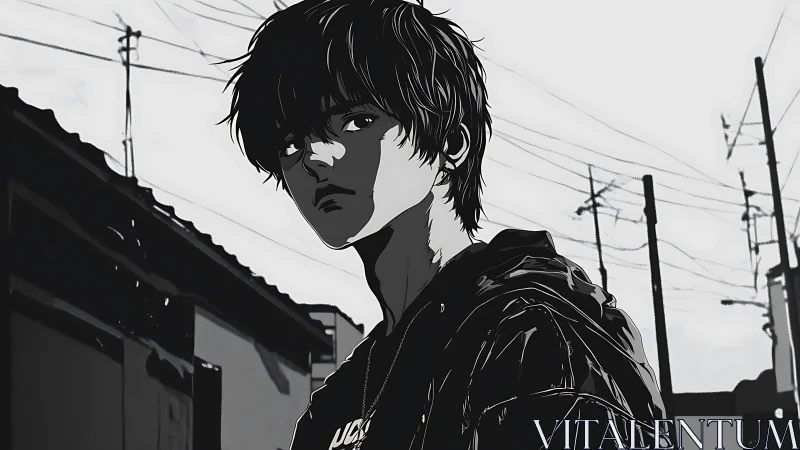 Monochrome urban street scene with solitary youth figure.