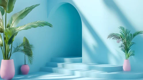 Minimalist Blue Interior with Tropical Plants and Soft Lighting.