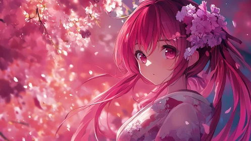 Gentle anime girl enjoys a peaceful evening of cherry blossoms