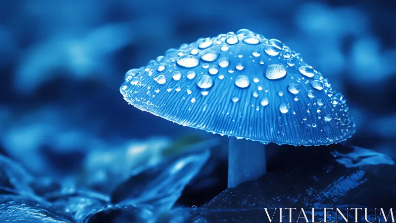 Dew covered blue mushroom glows softly in forest shade