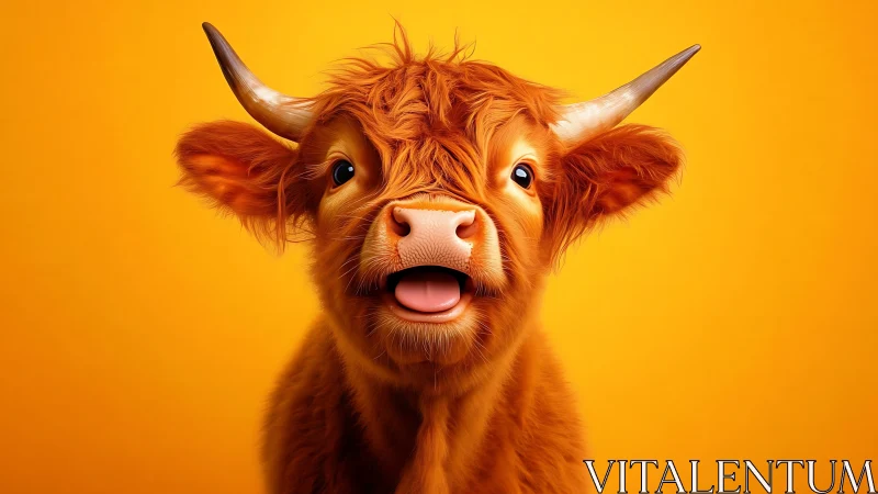 Highland calf portrait in saturated orange studio background