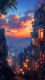 Twilight city street under blazing sunset sky glow.