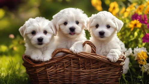 Three white puppies sitting in a wicker basket outdoors.