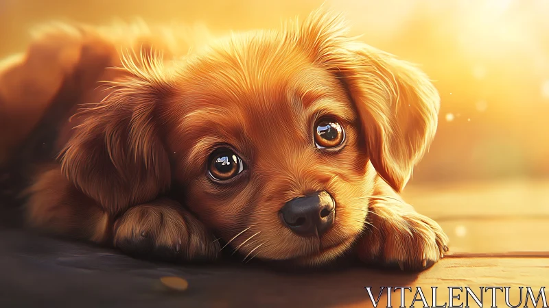 Soft-focus digital puppy portrait under warm backlit golden haze