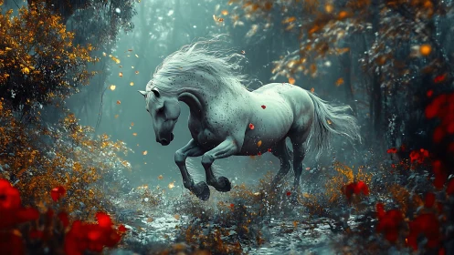 White stallion charges through ethereal forest with drifting petals