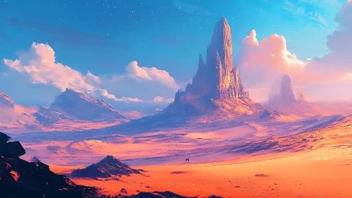 Vertical rock spire dominates luminous desert landscape scene