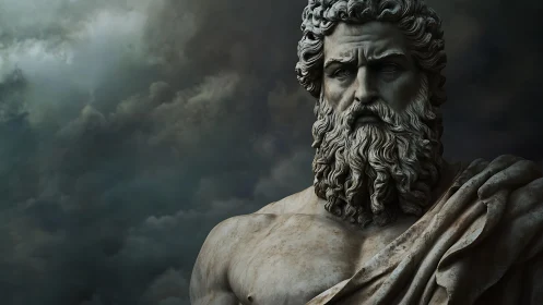 Stone bust of bearded figure against dark storm clouds.