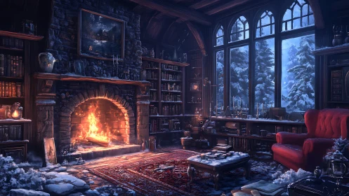 Cozy winter library glowing with a welcoming fireside warmth.