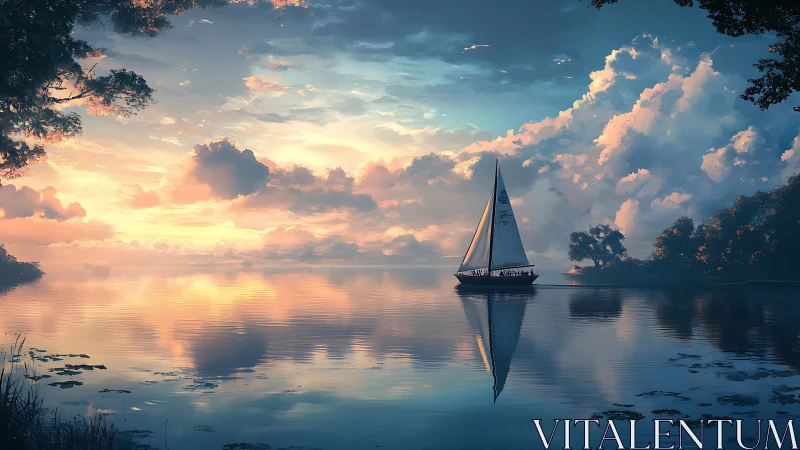 Sailboat on reflective lake under layered sunset clouds.