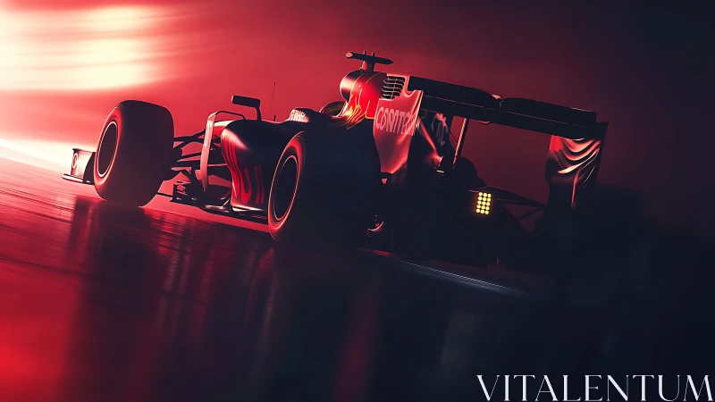 Formula racing car accelerates through red lit track