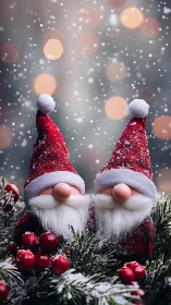 Christmas gnome pair in snow with festive bokeh lights.