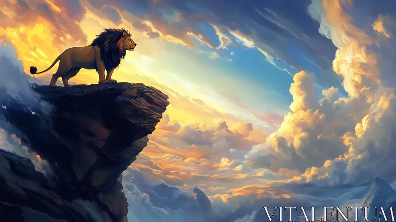 Majestic lion on cliff overlooking luminous storm clouds.