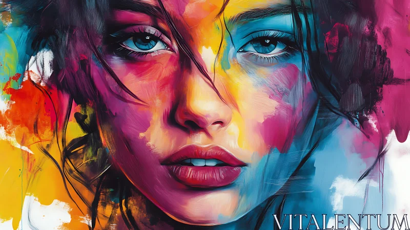 Digital portrait depicts woman’s face with layered color fields