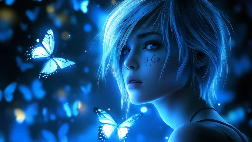 Blue haired girl surrounded by glowing butterflies at night.