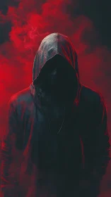 Hooded silhouette emerges from red atmospheric smoke field