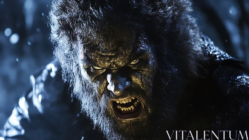 Ferocious werewolf snarls under cold moonlit backlighting.