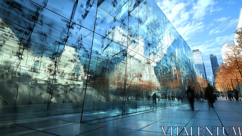Glass corridors with distorted urban reflections at dusk.