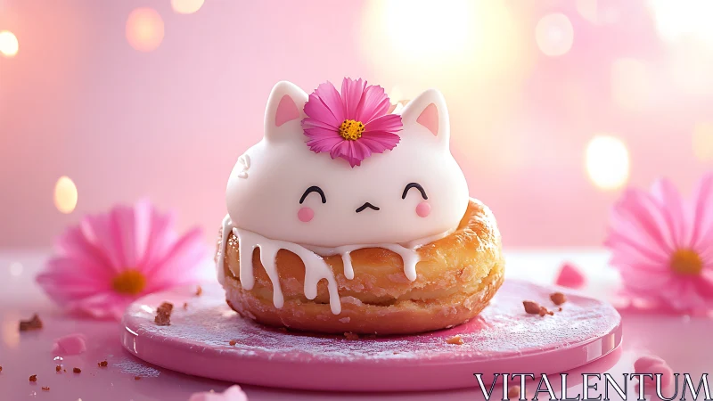 White Ceramic Cat Figure on Pastry with Pink Flower