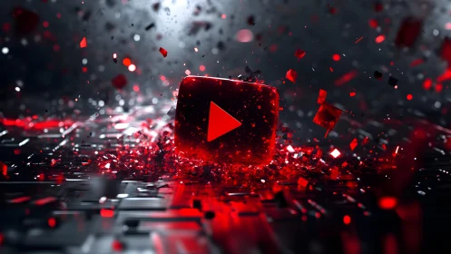 Exploding YouTube Play Button Icon in Futuristic Digital Style.