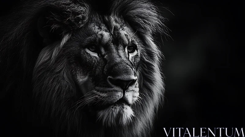 Regal lion in moody black and white portrait of quiet power.