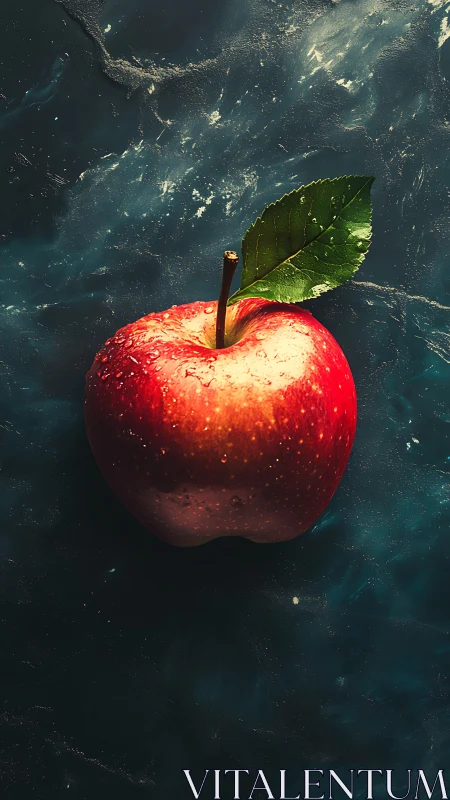 Single red apple with leaf on dark textured background.